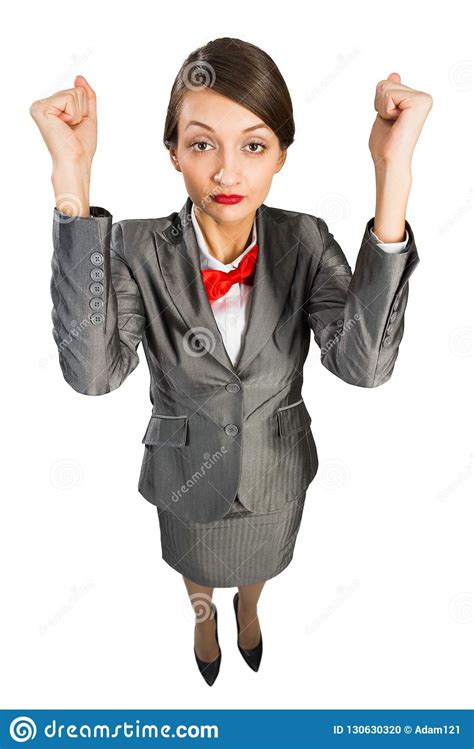 Happy Emotion Business Lady Showing Fists Up And Looking In Camera