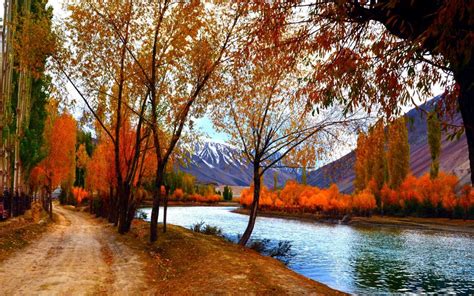 Autumn Scenery Trees Red Leaves Lake Path Mountains Wallpaper