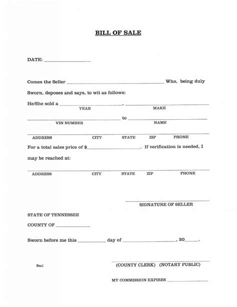 Free Tennessee Vehicle Bill Of Sale Form Download Pdf Word