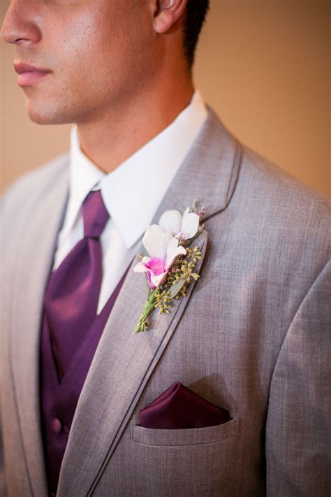 Groomsmen Grey Suit Purple Tie Orchid Boutonniere Wedding Things