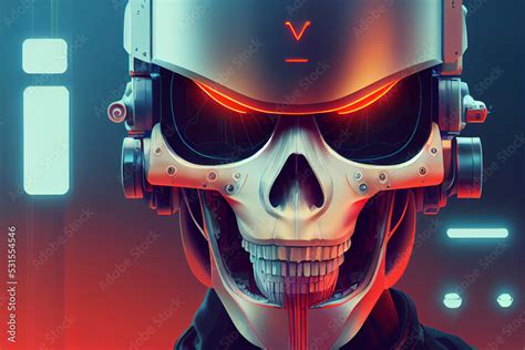 Cyberpunk Skull Sci Fi Skeleton Warrior Illustration1 Stock