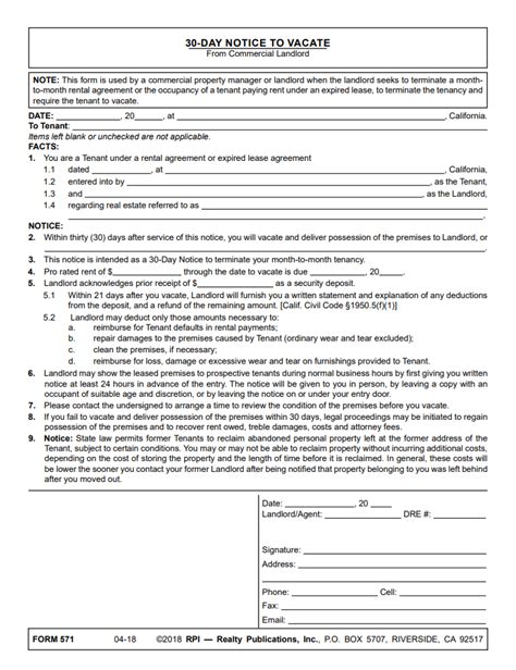 Fillable Form 30 Day Notice To Vacate From Commercial Landlord Real Estate Forms Legal Forms