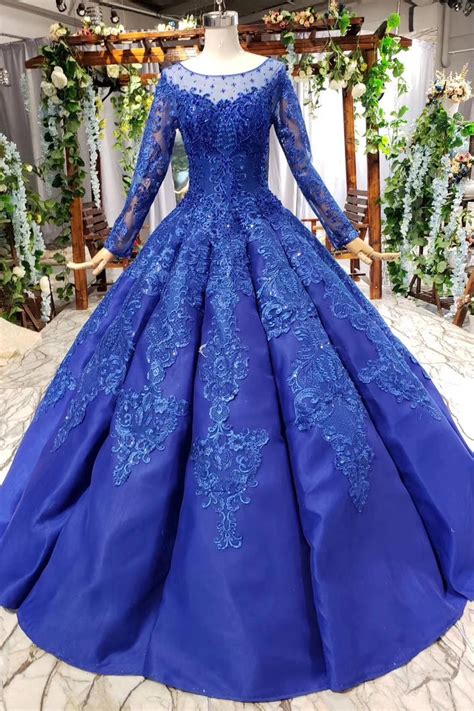 Royal Blue Long Sleeves Ball Gown Prom Dresses Puffy Quinceanera Dress With Appliques N2030