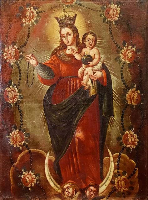 Virgen Del Rosario Óleo Sobre Lienzo Marco Original Catalunya