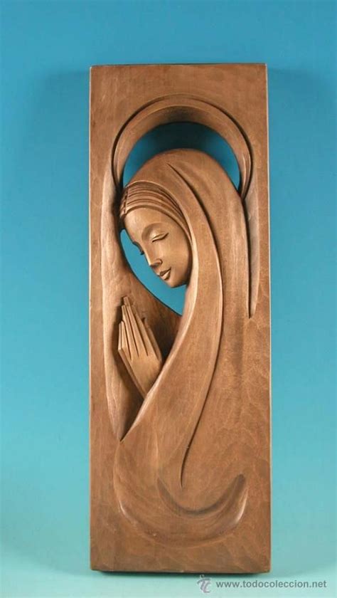 Preciosa Virgen Relieve Tallado En Madera Con 55 Cm