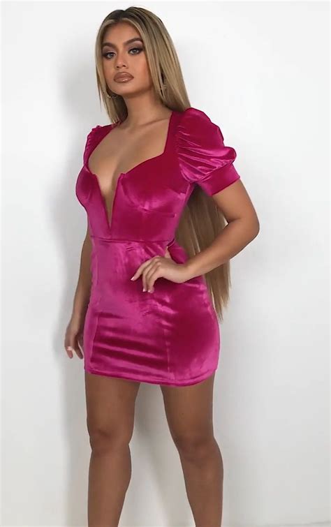 Hot Pink Velvet Deep Plunge Puff Sleeve Bodycon Dress Video Video Mini Dress Outfits