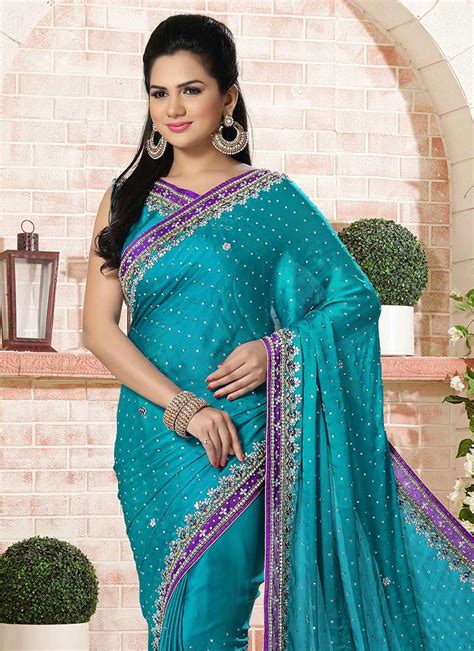Buy Teal Blue Chiffon Saree Stones Sari Online Shopping Sakvfsc21