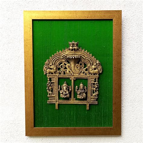 Magnificent Framed Brass Temple Prabhavali With Lord Ganesha And Lakshmi