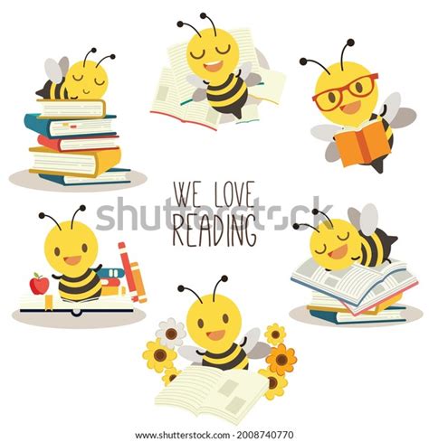 Collection Cute Bee We Love Reading Stock Vector Royalty Free