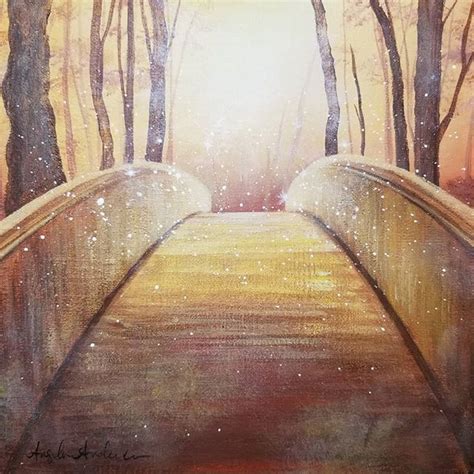 A Painting Of A Bridge In The Woods With Snow Falling Off Its Sides