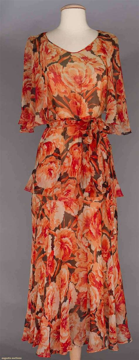 Printed Chiffon Tea Dress 1930s Black Chiffon W Red And Orange Peony