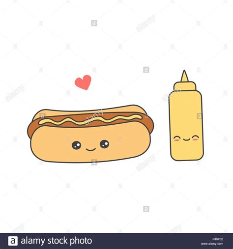 Cute Cartoon Hot Dog With Mustard Vector Illustration
