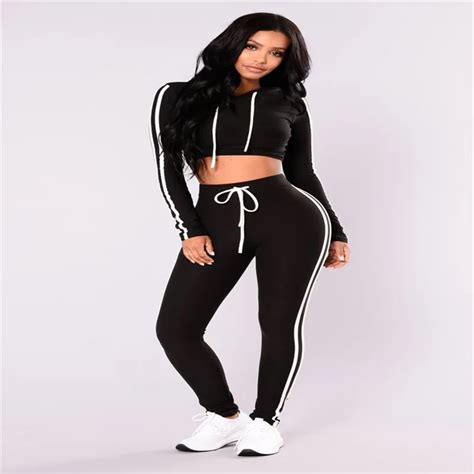 New Style 2017 Two Piece Set Women Clothing Autumn Hooded Tops And Full Length Pants Sexy Black