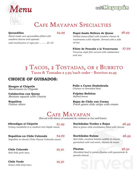 Cafe Mayapan menu in El Paso, Texas, USA