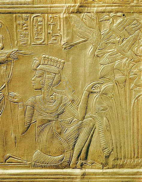 detail of queen ankhesenamun on the gilded shrine from the tomb of the pharoah tutankhamun