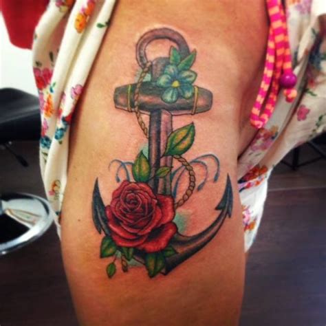 Watercolor Tattoo Beautiful Red Rose And Green Leaf With