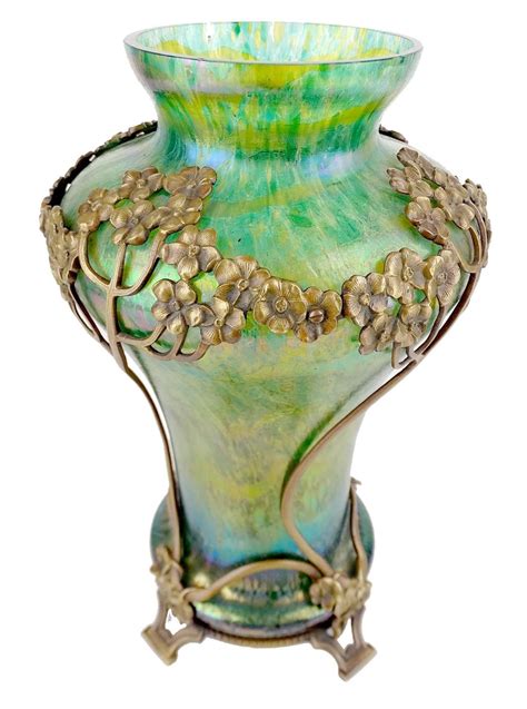 Art Nouveau Kralik Iridescent Glass Vase With Flower Bronze Overlay For Sale At 1stdibs