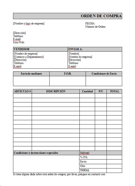 Formato De Orden De Compra Excel Mide