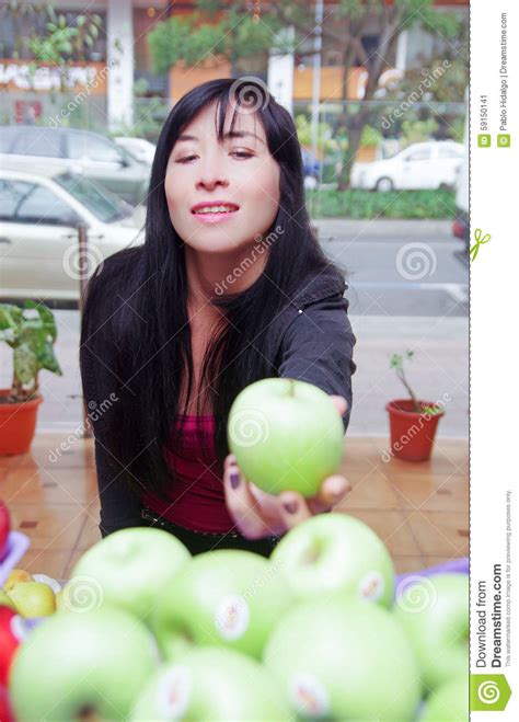 Beautiful Young Brunette Girl In The Fruit Market Stock Image Image