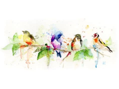 Birds On A Branch Painting Colorful Watercolor Print Limited Etsy