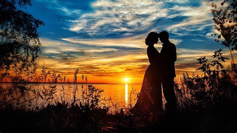 Romantic Love On The Beach Gold Sunset Lake Handsome Couple Loving