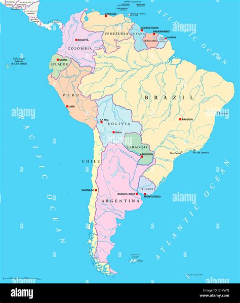 South America Political Map With Single States Capitals And National