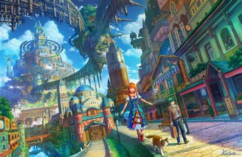Download 1600x2560 Fantasy World Anime Girl Floating City Buildings