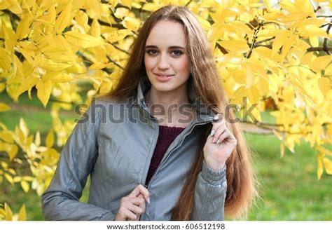 Young Woman Model Unbuttoned Jacket Autumn Stock Photo 606512198