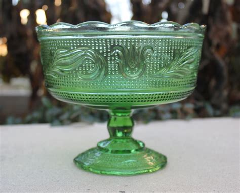 green glass pedestal candy bowl pressed green by bluewolfhome