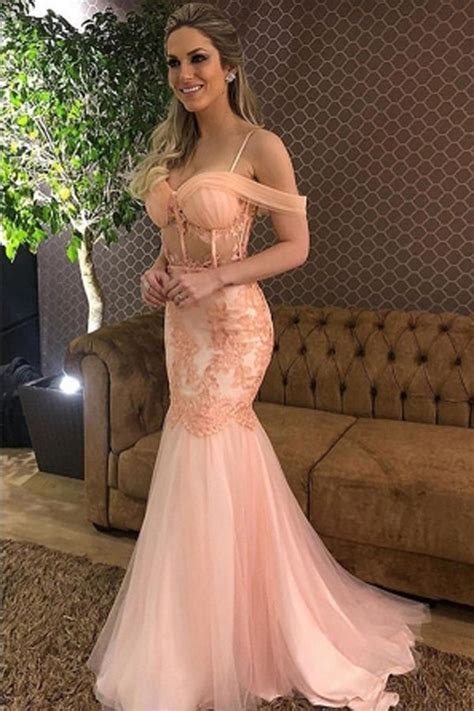 Elegant Pink Tulle Mermaid Off Shoulder Long Prom Dress With Lace