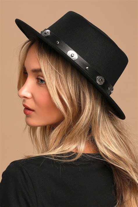 Cute Black Hat Fedora Hat Concho Hat Flat Top Boater Hat Lulus