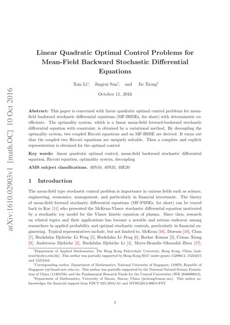 Pdf Linear Quadratic Optimal Control Problems For Mean Field Backward