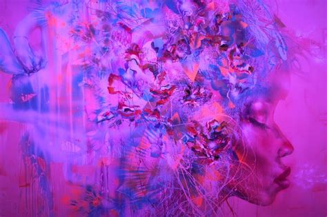 a woman s face is surrounded by flowers and birds in pink blue and purple