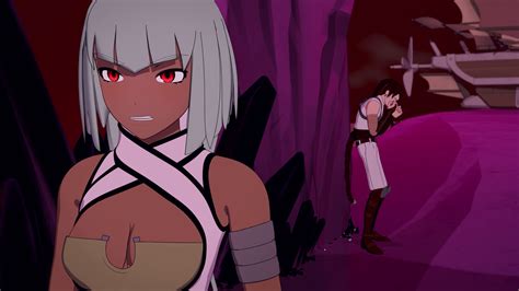 An Animated Woman With White Hair And Red Eyes Standing In Front Of Two