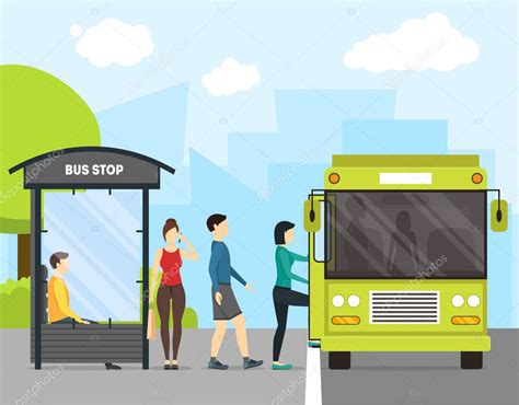 parada de autobús de dibujos animados con transporte y personas vector