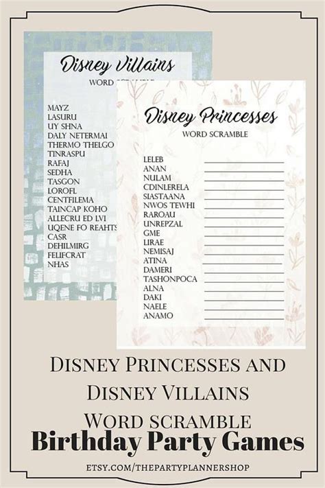 Disney Princesses And Disney Villains Word Scramble Birthday Etsy