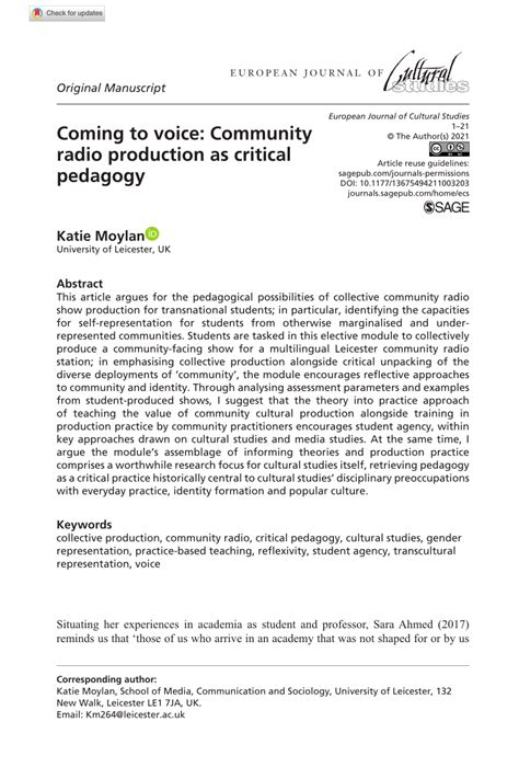 Pdf Coming To Voice Community Radio Production As Critical Pedagogy