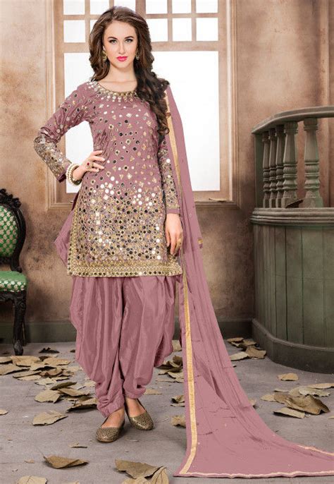 Embroidered Taffeta Silk Punjabi Suit In Old Rose Kch1326