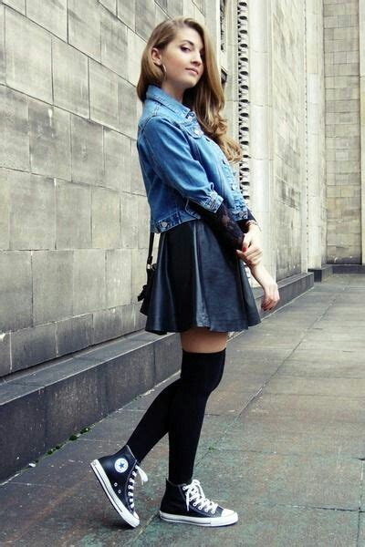 Leather Skirt Converse Jean Jacket High Socks Outfits Long Socks