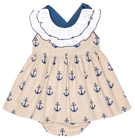 Nini Moda Infantil Baby Girls Navy Blue And Beige Anchor Print 2 Piece
