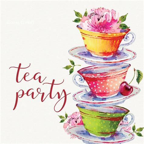 Tea Party Clipart Watercolor Teacup Teapot Bridal Shower Invitation Tea