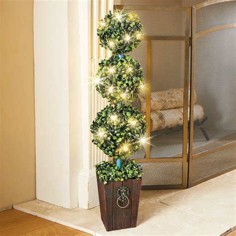 Lighted 3 Tier Boxwood Topiary With Faux Wooden Planter For Indoor Or