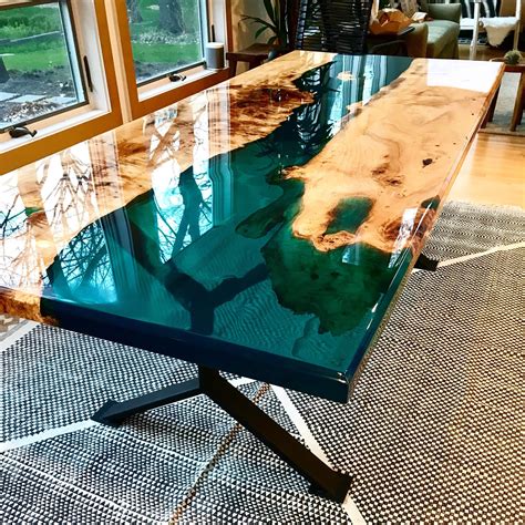 Turquoise Resin River Dining Table Epoxi Stolar Och Trä