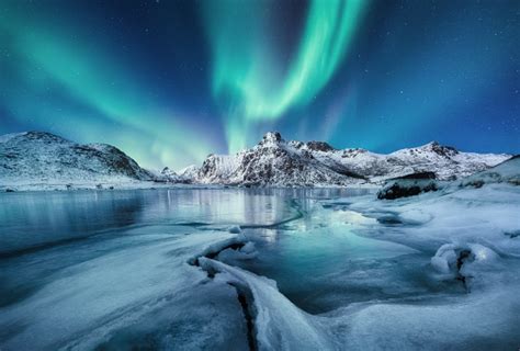 Aurora Borealis Lofoten Islands Norway Mountains And Frozen Ocean