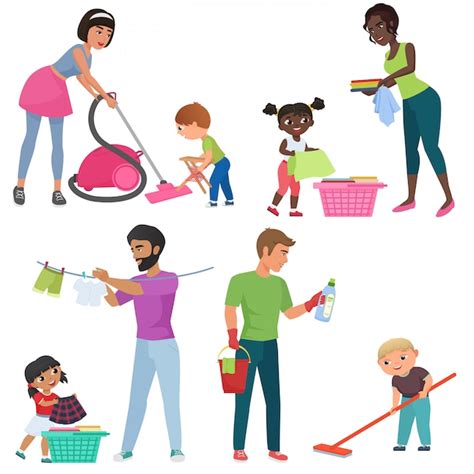Adultos y niños limpiando juntos niños ayudando a sus padres con las tareas del hogar familia