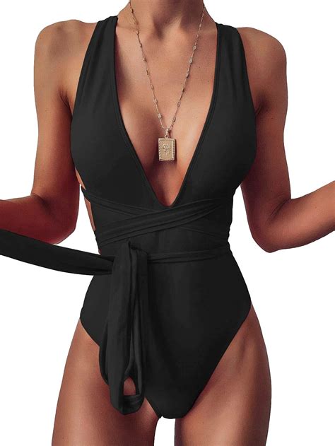 Lilosy Sexy Tie Criss Cross Plunge One Piece Thong Swimsuit High Cut Brazilian Bathing Suit