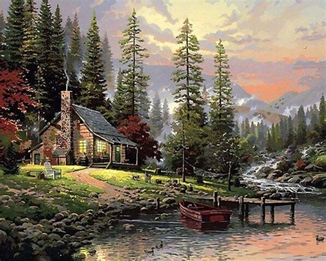 Log Cabin On The Lake Landscape Paint By Number Painting By Numbers
