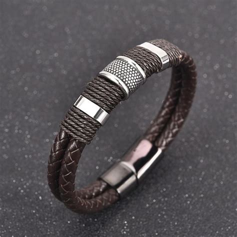 Mens Double Braided Leather Bracelet In 2020 Bracelets For Men Mens