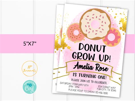 Editable Donut Birthday Party Invitation Template Pink And Gold For