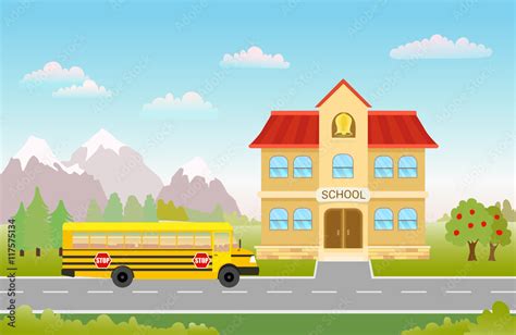 Cartoon Illustration With Bus On Road To School Landscape Stock Vector
